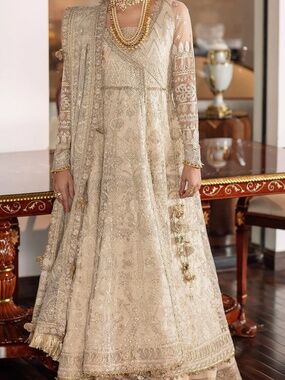 Baroque | Top | Cream with Silver Embroidery Angrakha Top